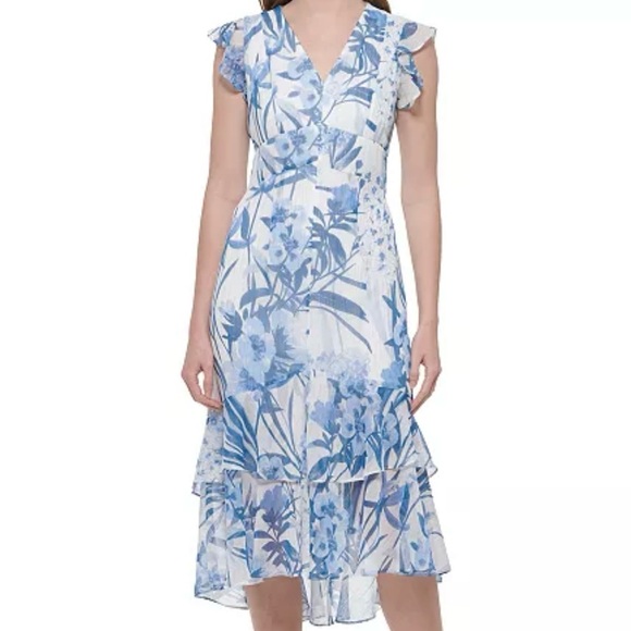 🆕 Tommy Hilfiger Blue Floral Asymmetrical Ruffle Midi Dress – Size 12 - Picture 4 of 15